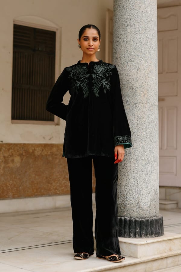 Black Velvet Embroidered Co-ord Set — INCHING INDIA