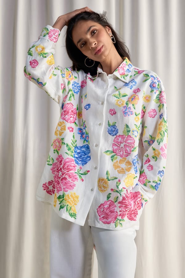 Multicolour Cross-Stitch Embroidered Relaxed Fit Shirt — Dash and Dot