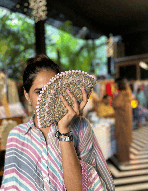 Misty Pink Gray Half Moon Bugle Beads Clutch Bag — Dhaaga Life