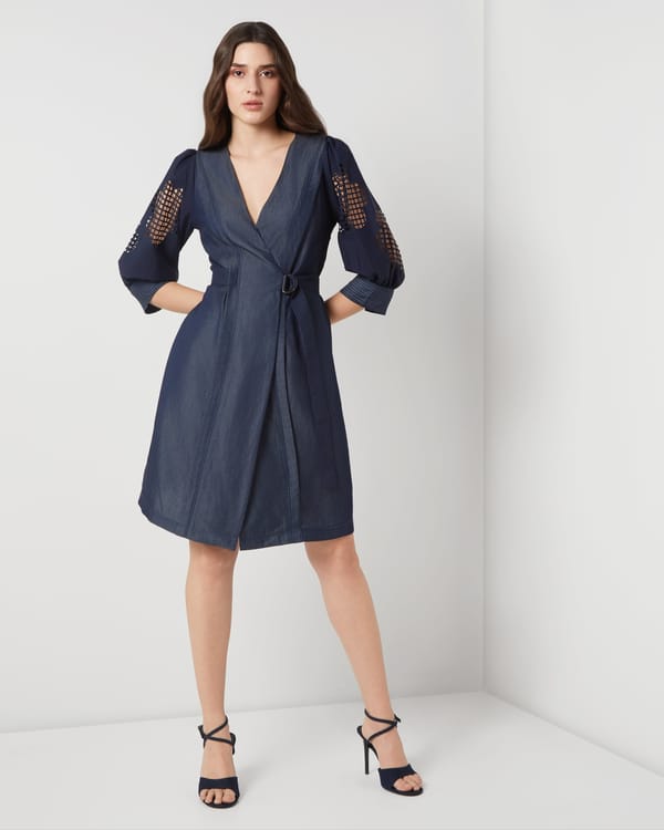 Navy Tencel Denim Wrap Dress with Cutwork Sleeves — Needle Ten