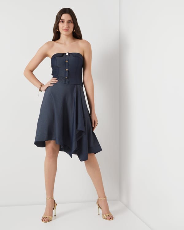 Navy Tencel Denim Drape Knee-Length Skirt — Needle Ten