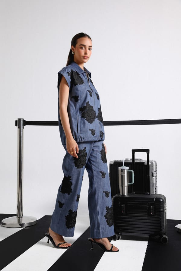Blue Denim and Black Floral Patch Co-ord Set — Shivya K