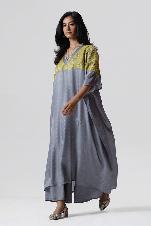 Dove Grey and Olive Printed Kaftan Co-ord Set — Ganga Fashions Pvt Ltd