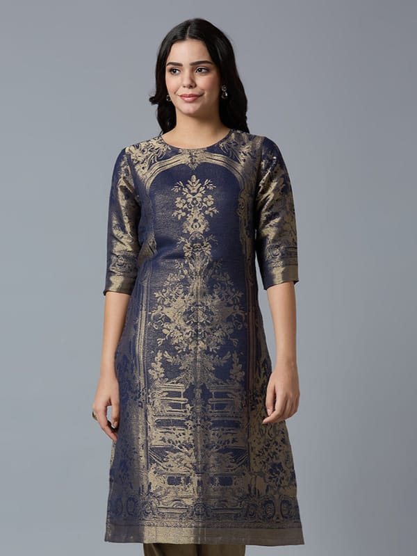 Navy/Gold Brocade Straight Kurta with 3/4 Sleeves — Cloth Haus