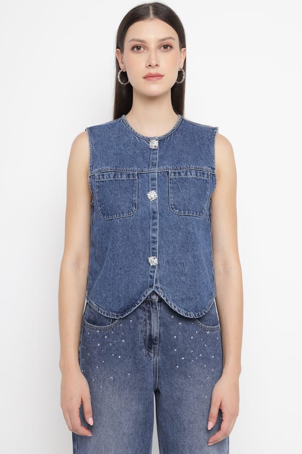 Blue Denim Waistcoat with Statement Buttons — Diana Gallesi