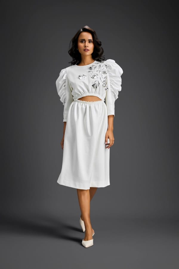 White Midi Dress with Puff Sleeves and Midriff Cut-Out — Deepika Arora