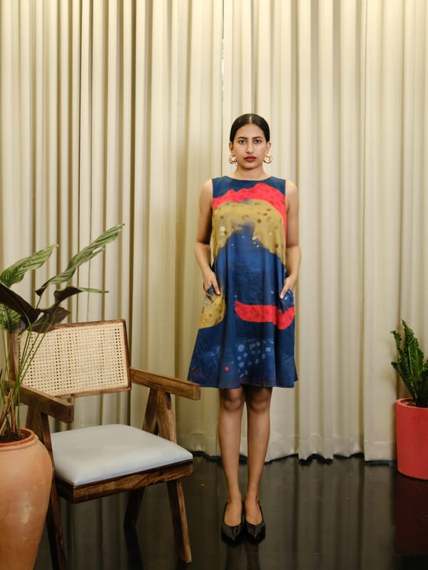 Multicolor Cotton Satin Abstract Print Shift Dress — House of Urmi