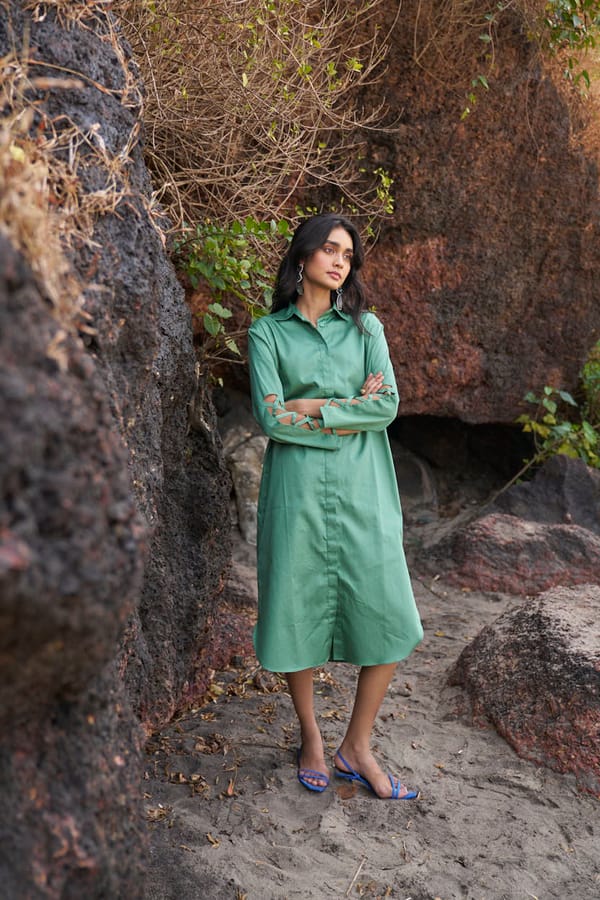 Green Organic Cotton Shirt Midi Dress with Cutout Sleeves — Dash and Dot