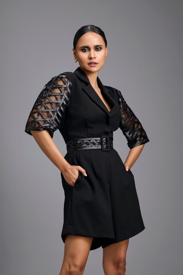 Playsuit with Woven Belt & Mesh Sleeves — Deepika Arora