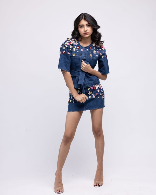 Medium Blue Embellished Denim Mini Skirt — MAGIA