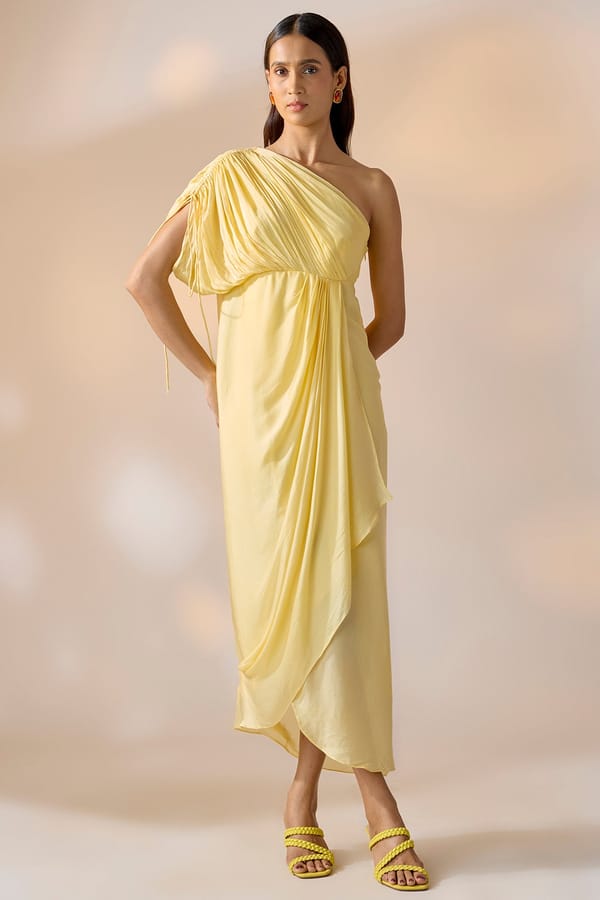 Butter Yellow One-Shoulder Drape Maxi Dress — EWOKE STUDIO