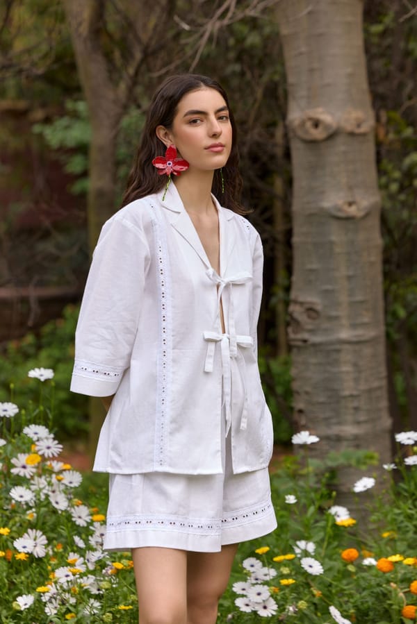White Tie-Up Eyelet Shirt with Lapel Collar — The Clothing Factory