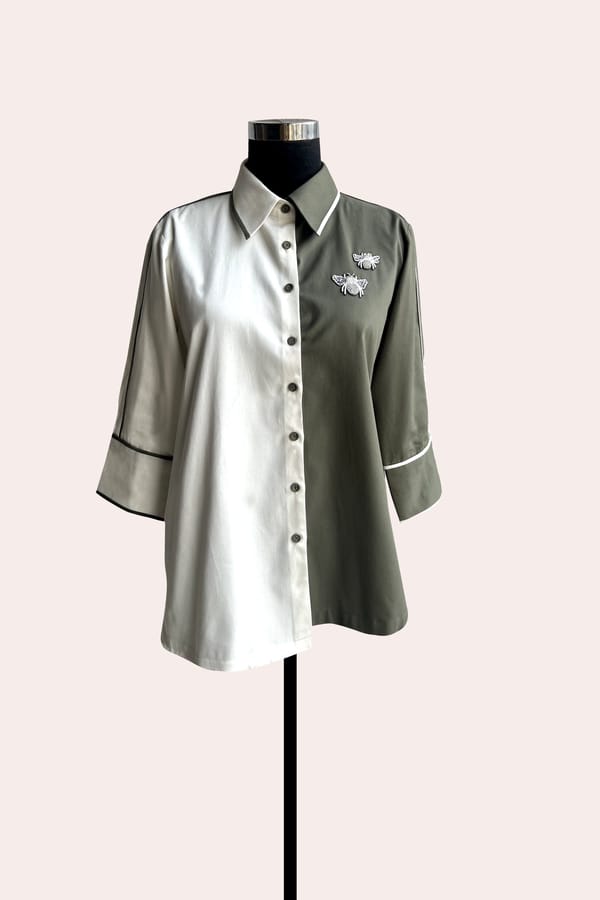 White and Olive Colorblock Cotton Satin Shirt — Our Love