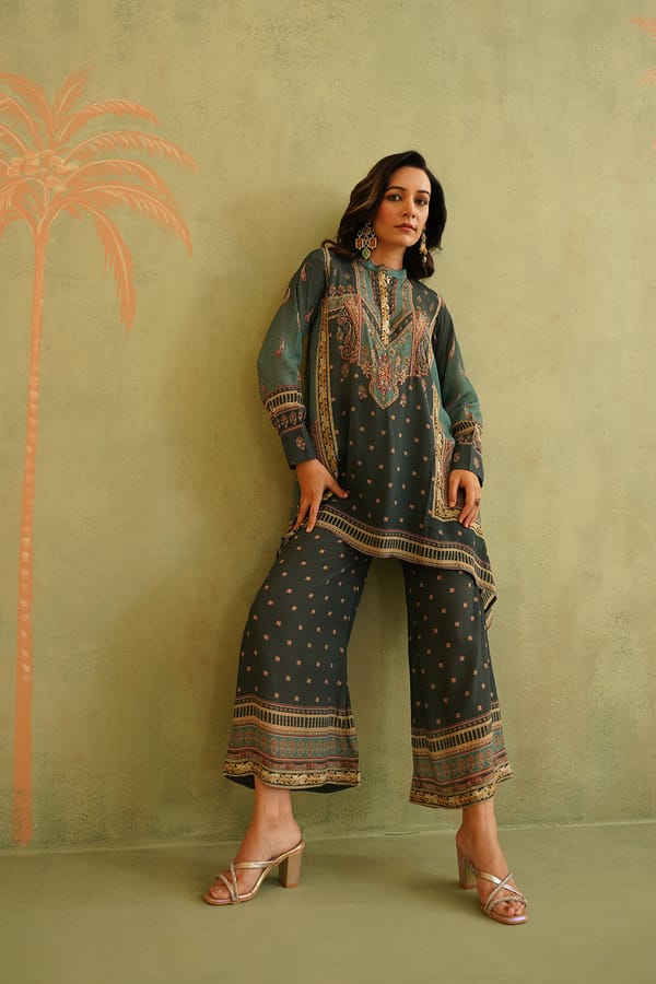 Green Printed Tunic and Palazzo Co-ord Set — NEETIKA CHOPRA
