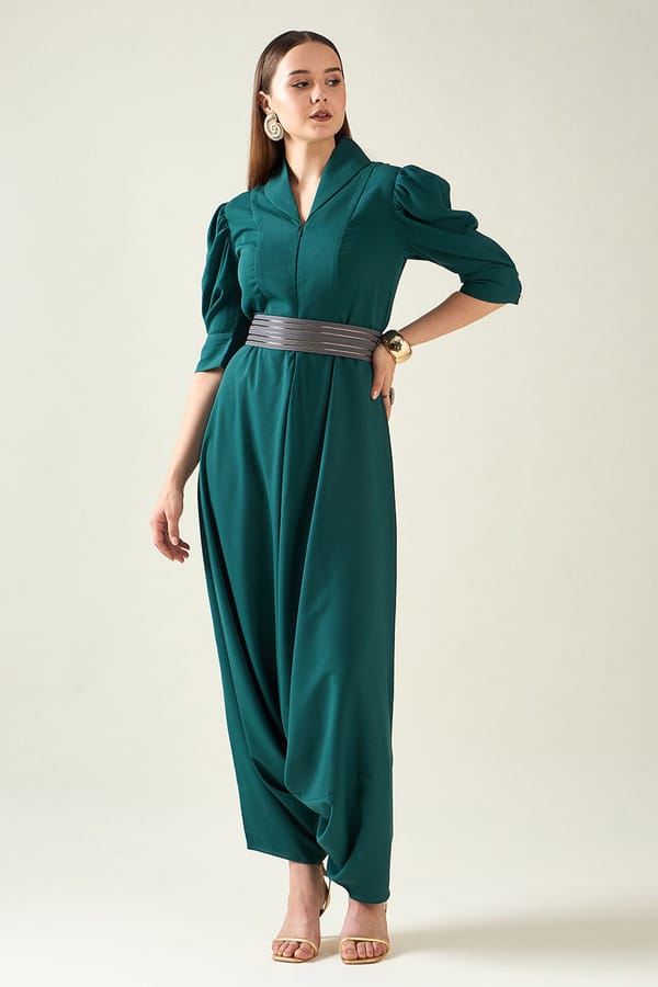 Green Alloy Jump Suit With Belt — Aakaar