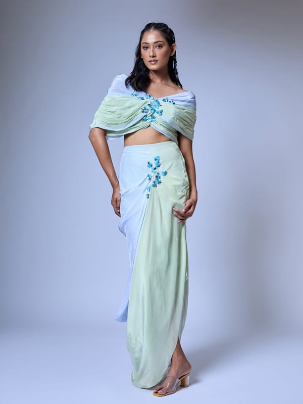 Blue Ombre Off-Shoulder Draped Co-ord Set — Vrinda Soni