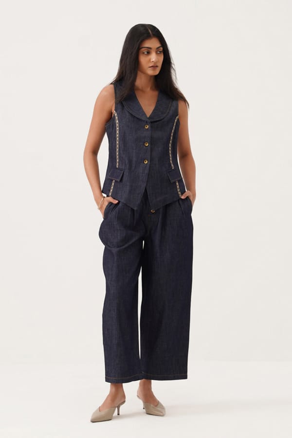 Denim Blue Waistcoat and High-Waist Pants Co-ord Set — Spacelines