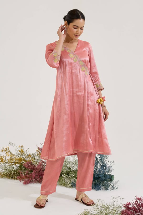 Red Tissue Angrakha Kurta Set with Narrow Pants — Nero India