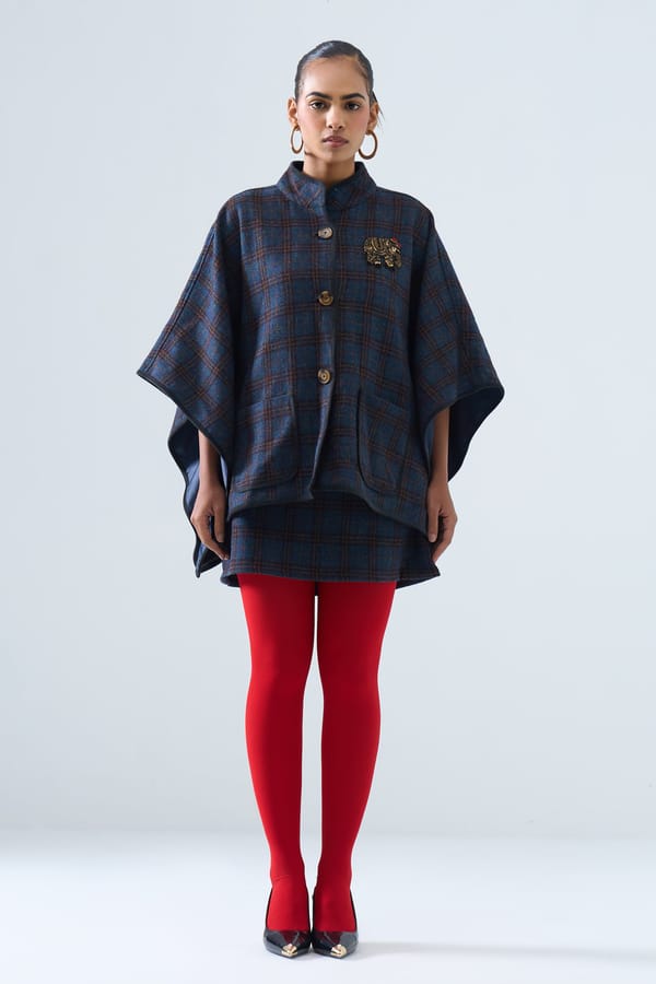 Blue Checked Button-Front Cape with Mandarin Collar — STITCH STORIES