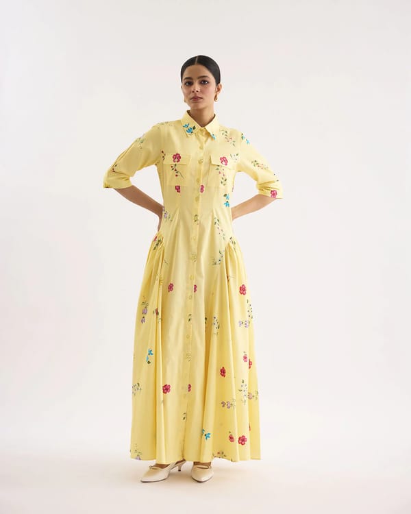 Yellow Floral Fit and Flare Maxi Shirt Dress — THE FINICKY COLORIST