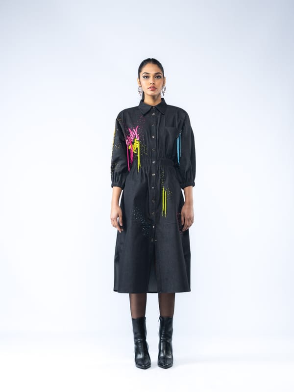 Black Denim Graphic Button-Front Midi Shirt Dress — Ang-sa