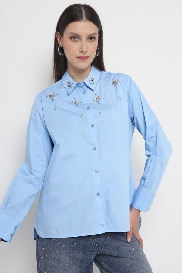 Light Blue Embellished Cotton Button-Down Shirt — Diana Gallesi