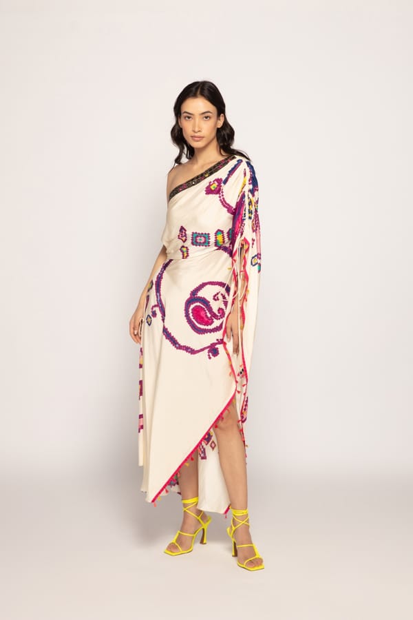 Ivory One-Shoulder Printed Silk Kaftan with Side Slit — Saaksha and Kinni