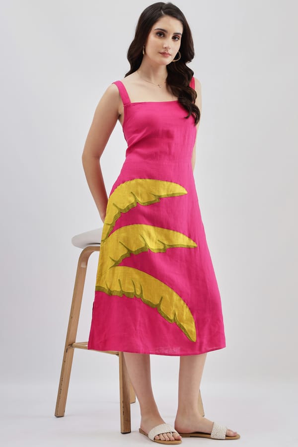 Fuschia Linen Square Neck A-Line Midi Dress — Linen Bloom