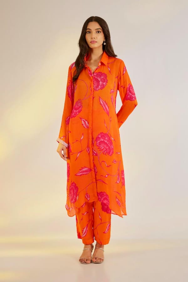 Orange Floral Kurta and Tapered Pants Co-ord Set — EWOKE STUDIO