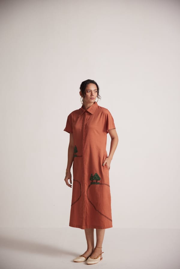 Rust Cotton Satin Midi Shirt Dress with Tree Embroidery — WESTERNERA