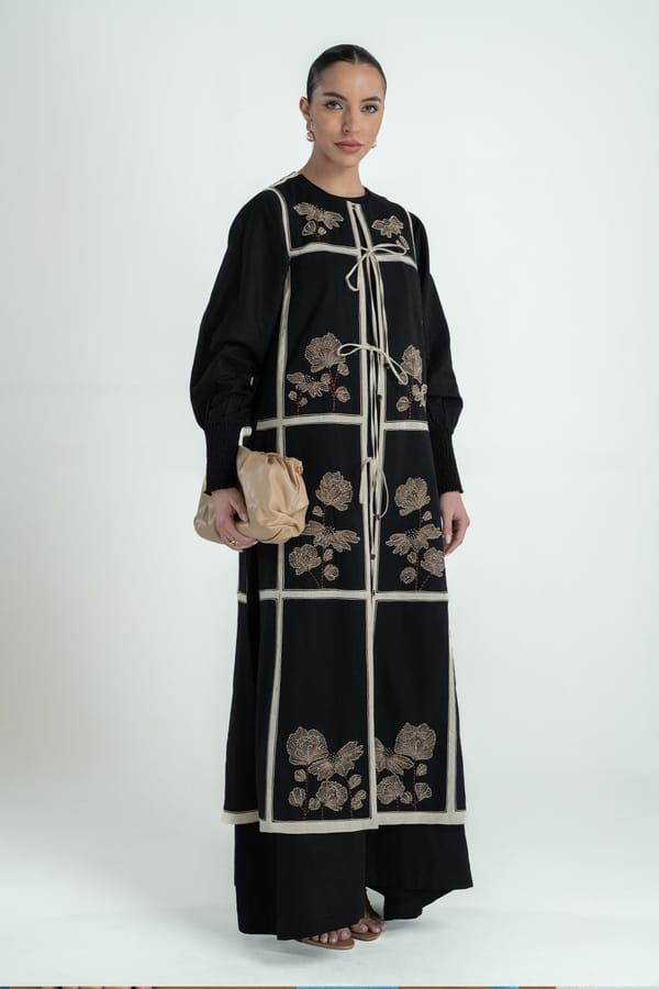 Black and Natural Maxi Abaya Dress Set with Tie-Up Overlay — Our Love