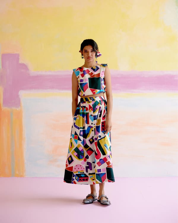 Multicolor Abstract Print Poplin Top and Midi Skirt Co-ord Set — HAPPI SPACE