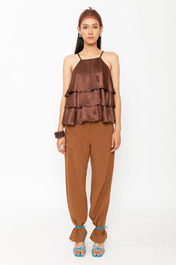 Brown Crushed Satin Tiered Ruffle Sleeveless Top — Contemponari