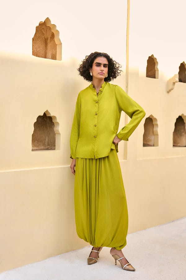 Satin Twill Shirt & Draped Cowl Dhoti Pant Set — Dash and Dot
