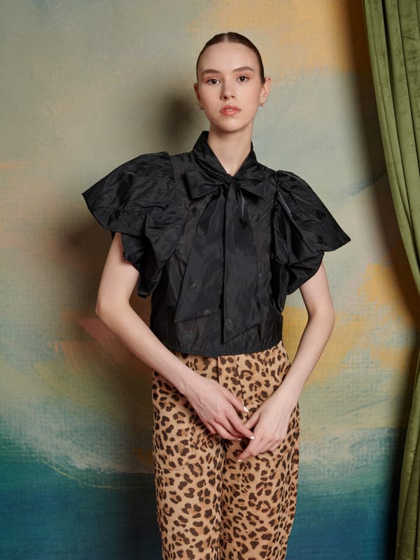 Black Cropped Bow-Tie Neck Ruffle Sleeve Top — SISTER JANE