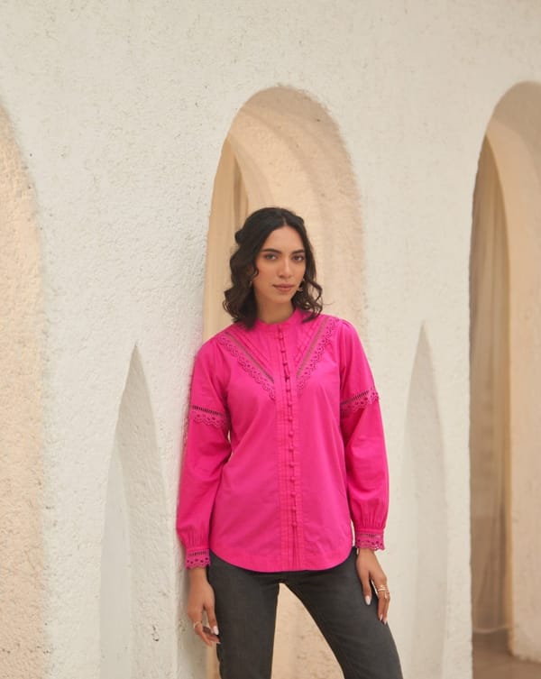 Pink Poplin Shirt Top with Lace Inserts and Mandarin Collar — Style Island