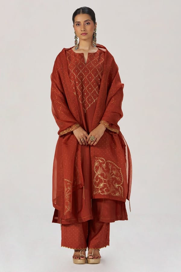 Rust Raw Silk Festive Kurta Set — Ganga Fashions Pvt Ltd