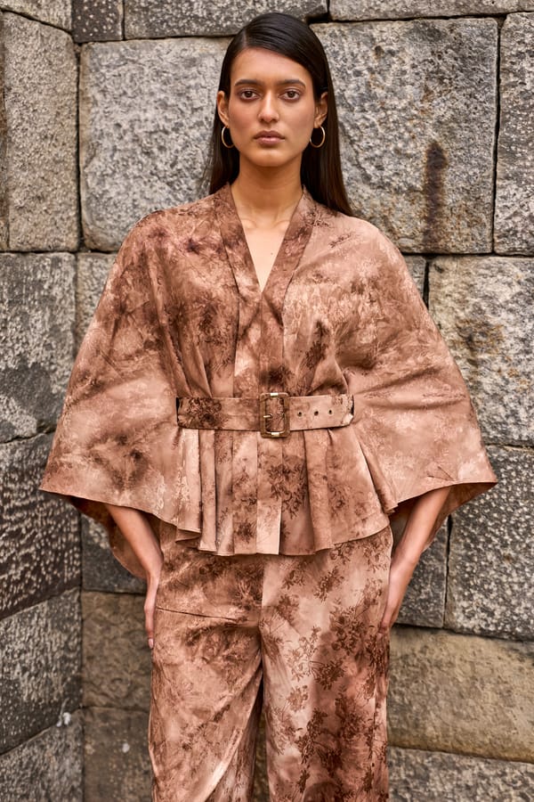 Coffee Floral Jacquard Cape Top with Belt — Dash and Dot