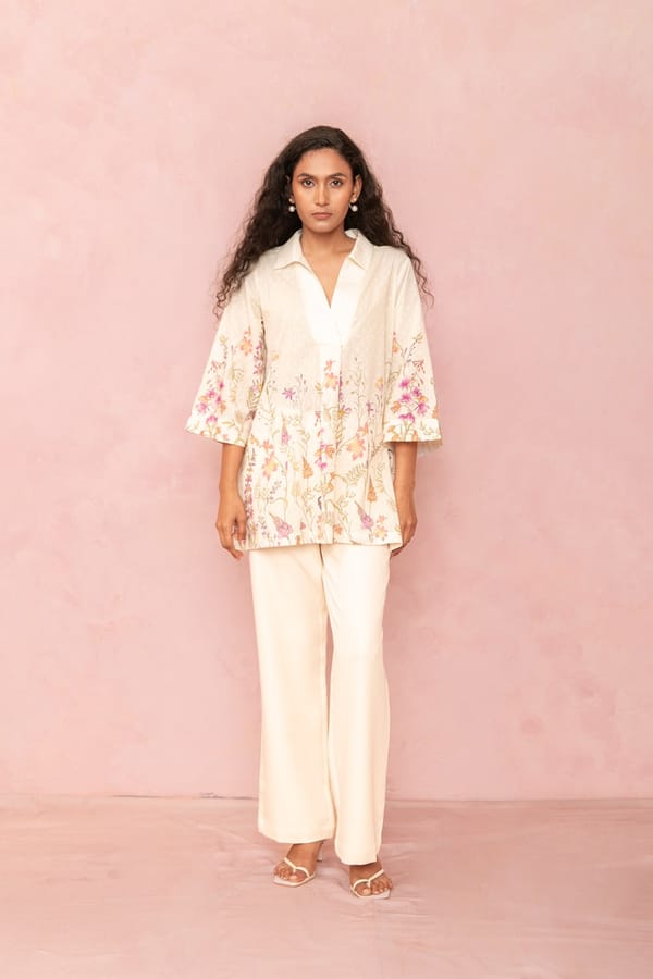 Multicolor Floral Placement Cream Cotton Dobby Shirt — LABEL NAARITI