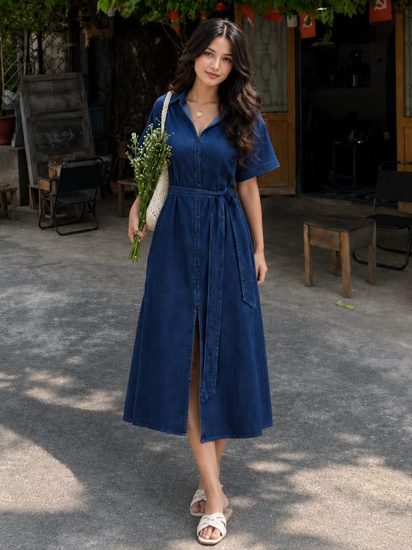 DenimClassic Navy Midi Shirt Dress — Femmella