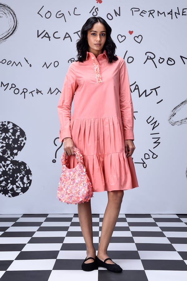 Coral Peach Sequin Placket Tiered Shirt Dress — Genes Lecoanet Hemant