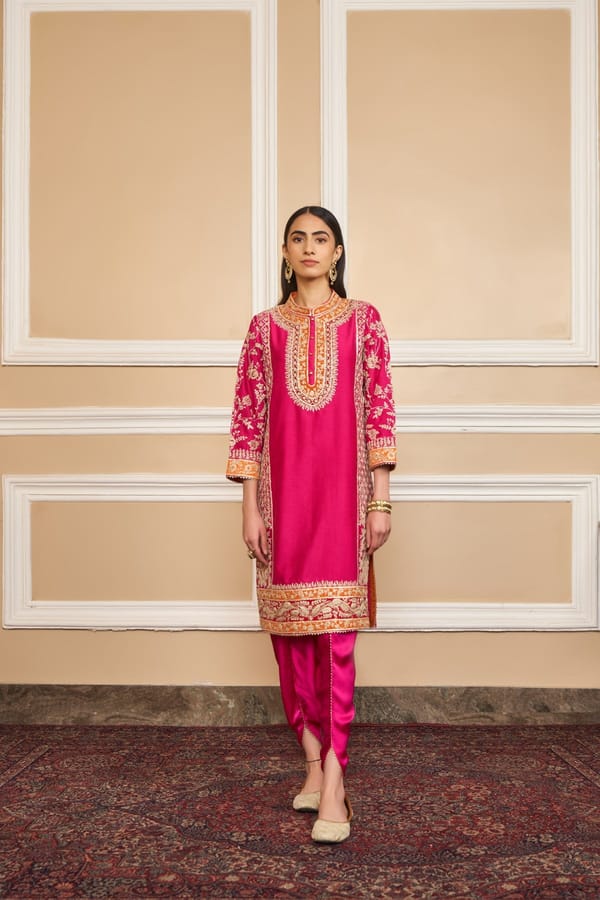 Hot Pink Embroidered Straight Kurta Set with Dhoti — Sheetal Batra