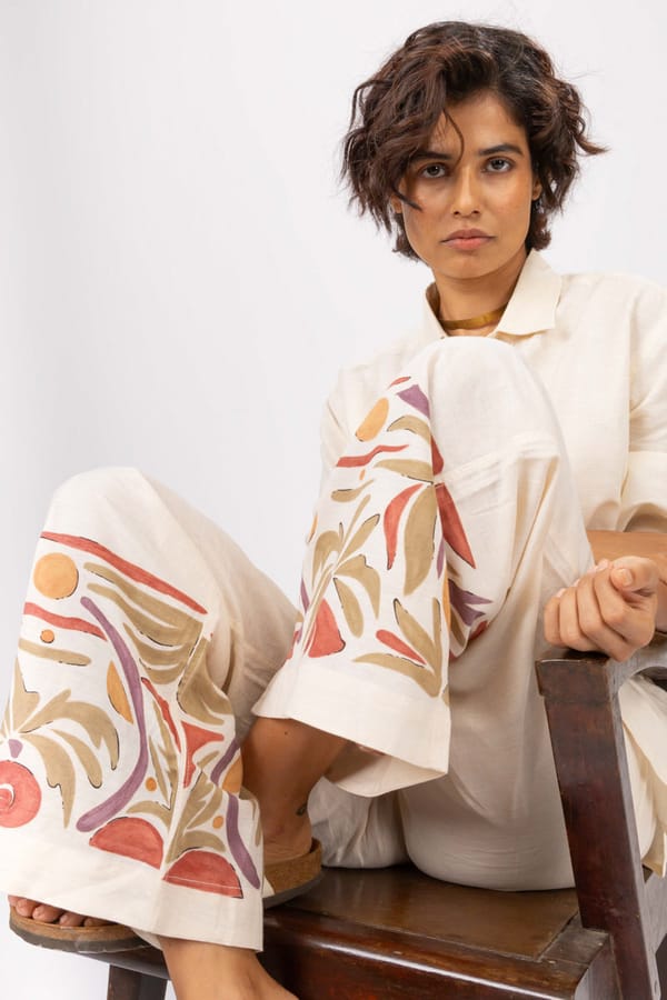 Off-White Cotton-Linen Wide-Leg Trousers with Painted Hem — ASAII