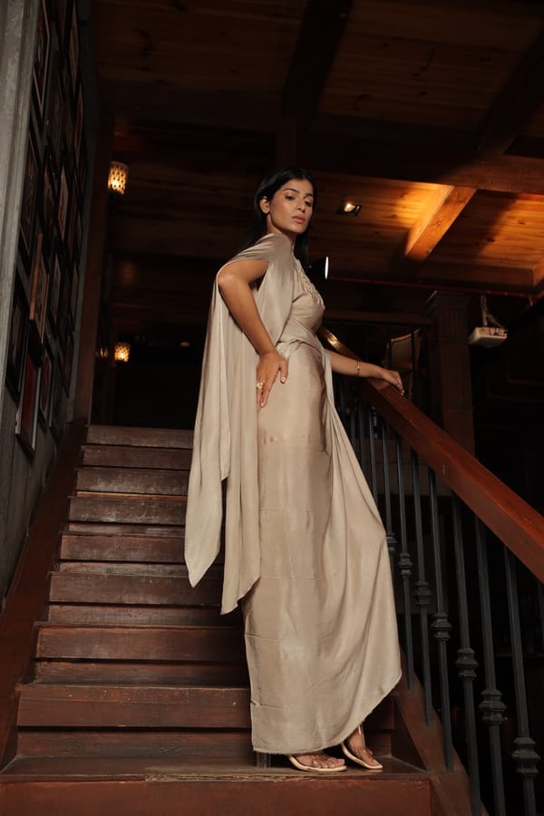 Ivory Satin Draped Co-ord Set with Sarong Maxi Skirt — Isha Sawhney