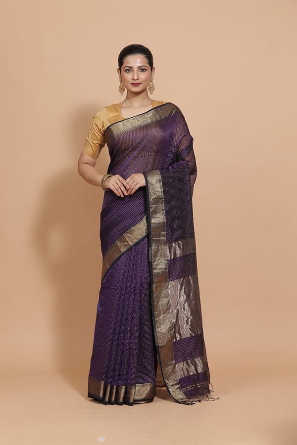Maheshwari Cotton Silk Deep Violet Pin Check Zari — BINKS
