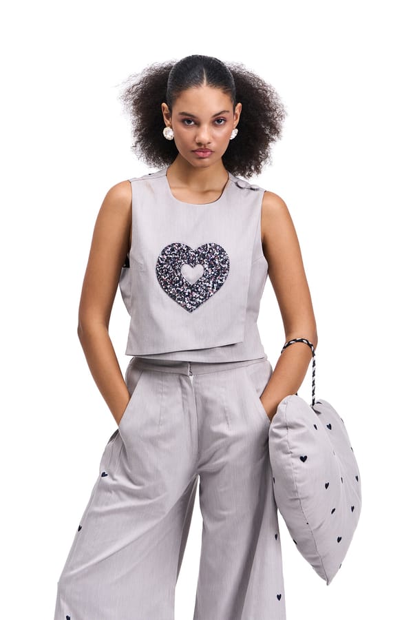 Cloud Grey Denim Co-ord Set with Heart Applique — Our Love