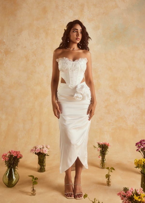 White Strapless Boned Satin Corset Top with Lace Detail — Lea Clothing