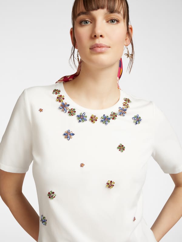 White Crystal-Embellished Crew-Neck T-Shirt — ELENA MIRO
