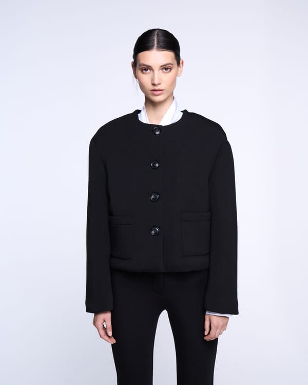 Black Cropped Collarless Button-Front Jacket — SILVIAN HEACH