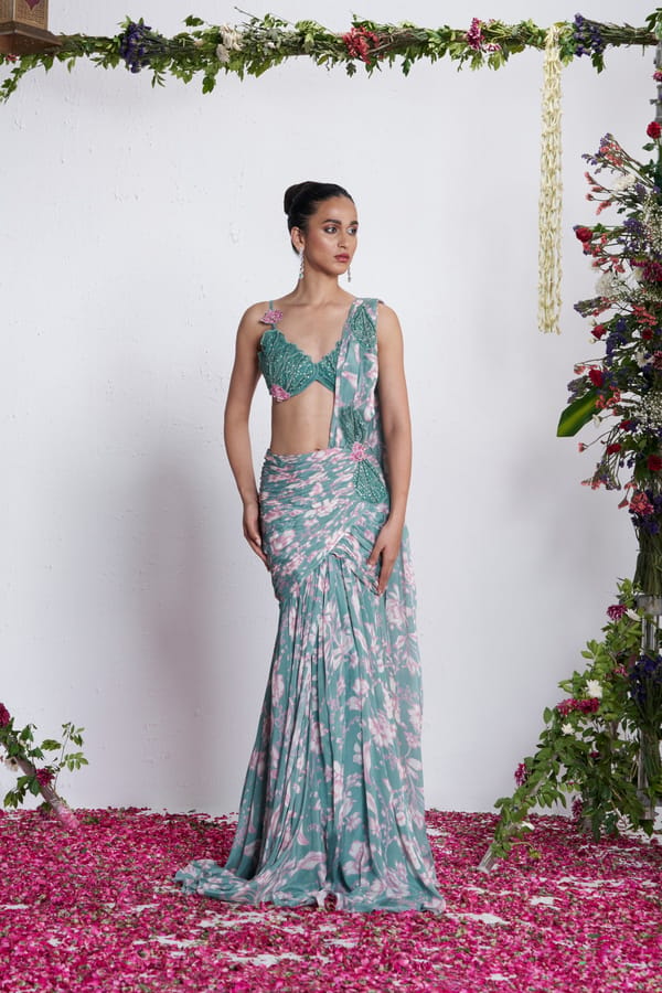 Teal Floral Draped Maxi Skirt and Bustier Co-ord Set — AMRTA BY GUNEET KONDAL